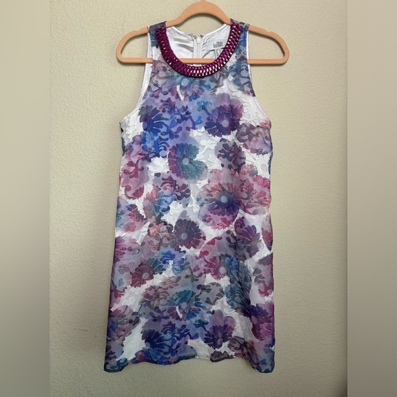 Belle Badgley Mischka Olga Watercolor Floral Lace Overlay Swing Sheath Dress 6 - Picture 8 of 12